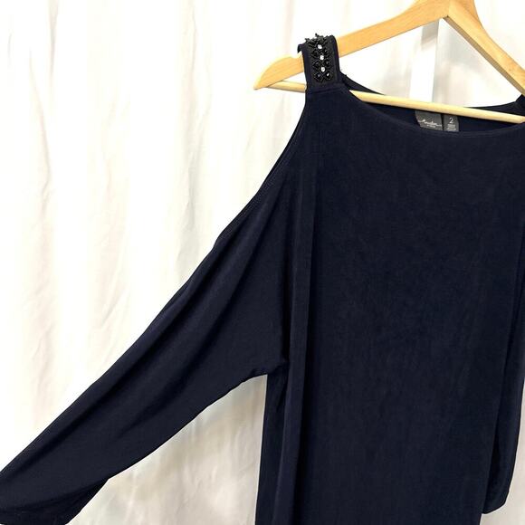 Chicos Travelers Tunic Top Large Size 2 Navy Blue Cold Shoulder - Picture 6 of 11